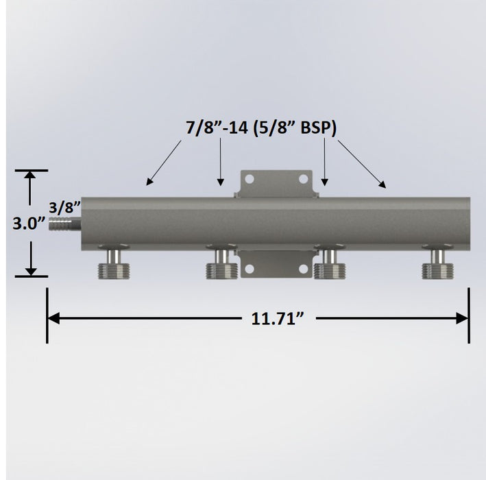7641-5: 4-Way Beer Thread Manifold (1 Inlet - 3/8" Barb)