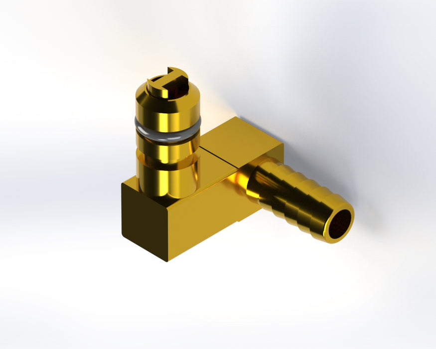 1156: Brass Flojet Check Valve - 1/4" Barb Offset Elbow Left CO2 Inlet Fitting