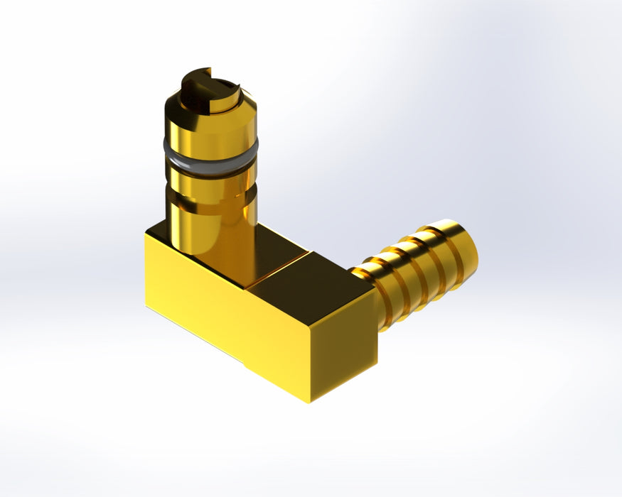 1157: Brass Flojet Check Valve - 1/4" Barb Offset Elbow Right CO2 Inlet Fitting