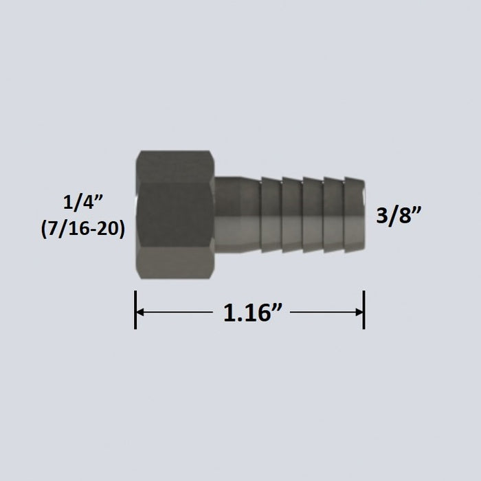 3091:  1/4″ Female Flare to 3/8″ Barb Adapter
