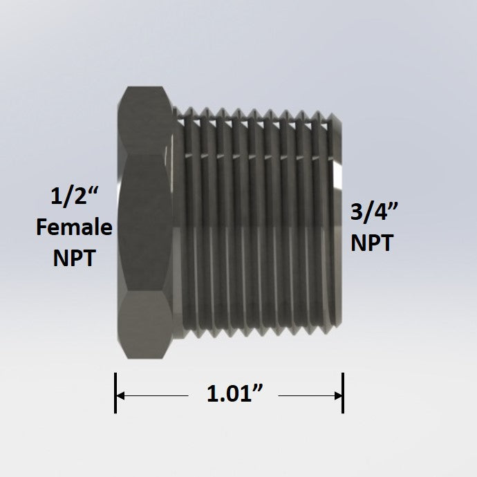 3312:  1/2" Female NPT to 3/4" Male NPT Reducing Bushing Adapter