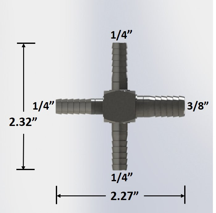 7019:  3/8" Barb to 1/4″ Barb Cross - Reducer