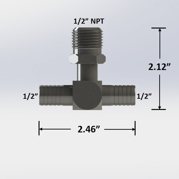 7168:  1/2″ Barb Tee with 1/2″ Male NPT
