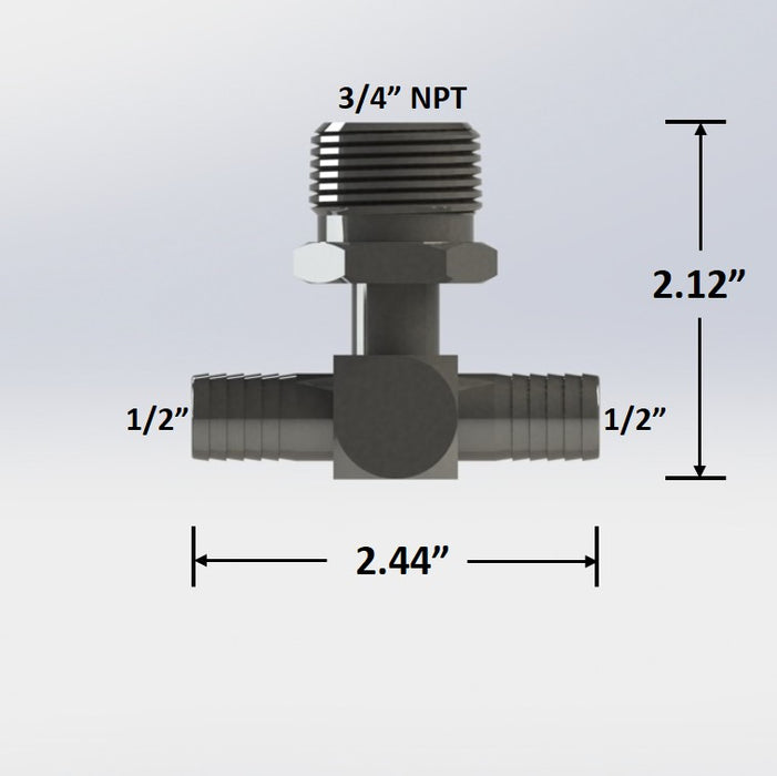 7169:  1/2″ Barb Tee with 3/4″ Male NPT