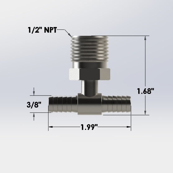 7189:  3/8″ Barbed Tee with 1/2″ Male NPT
