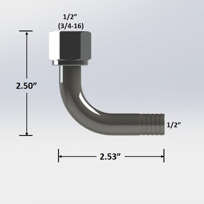 7191:  1/2″ Female Flare Swivel to 1/2″ Barb Elbow