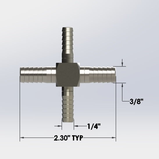 7197:  3/8" Barb to 1/4″ Barb Cross - Reducer