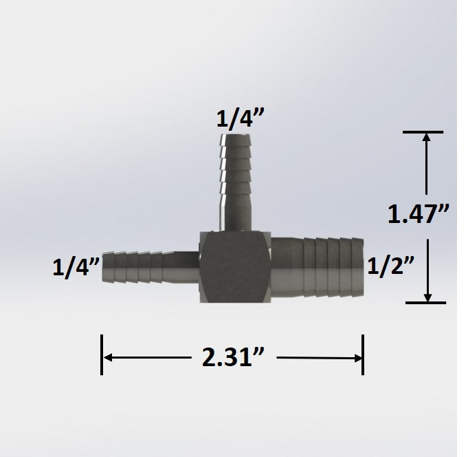 7204:  1/2″ Barb to 1/4″ Barb Tee - Reducing