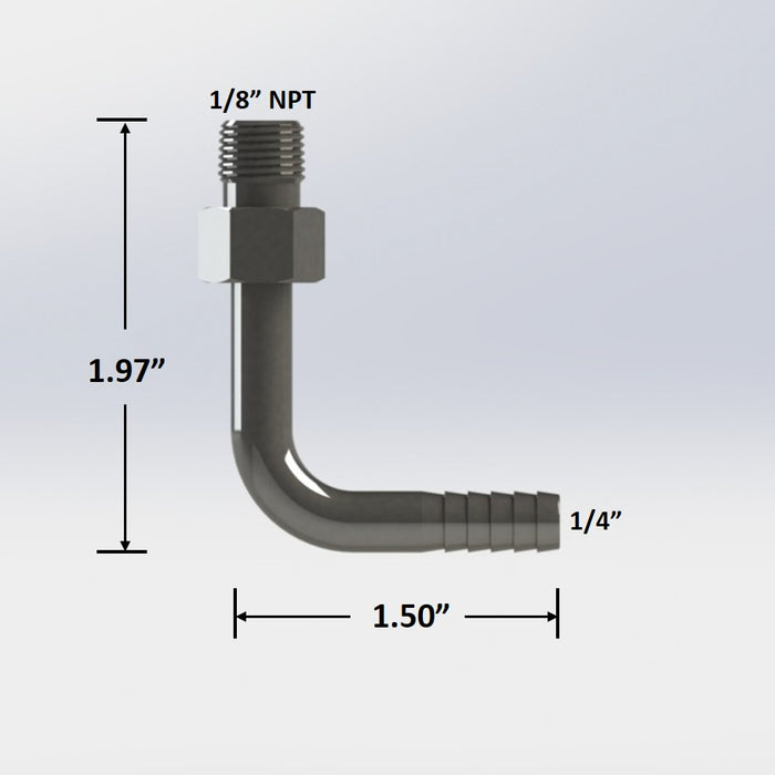 7297:  1/8″ Male NPT to 1/4″ Barb Elbow