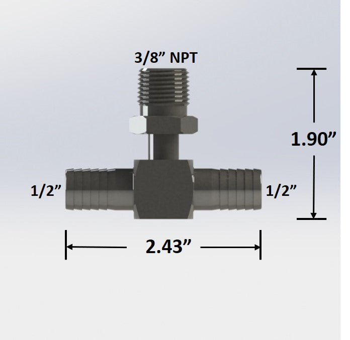 7305:  1/2″ Barb Tee with 3/8″ Male NPT