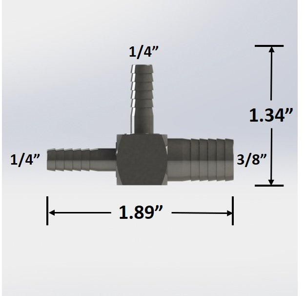 7394:  3/8″ Barb to 1/4″ Barb Tee - Reducing