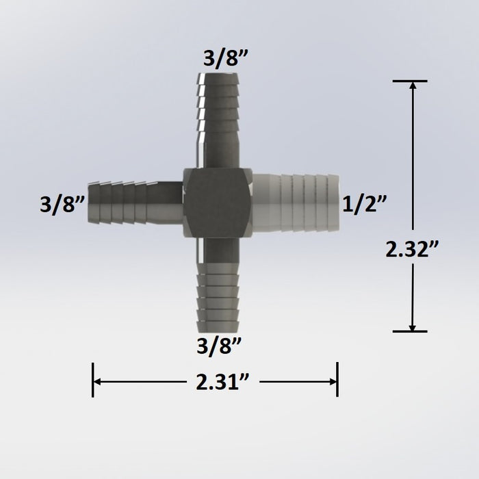 7637:  1/2″ Barb to 3/8" Barb Cross - Reducing