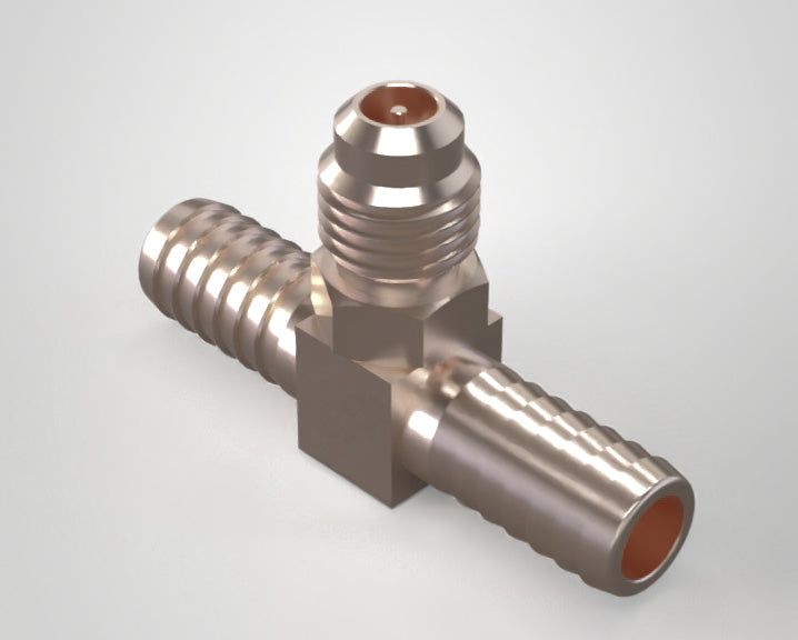 9049: 3/8" BARB TEE TO 1/4" MF W/SCHRADER VALVE TEE